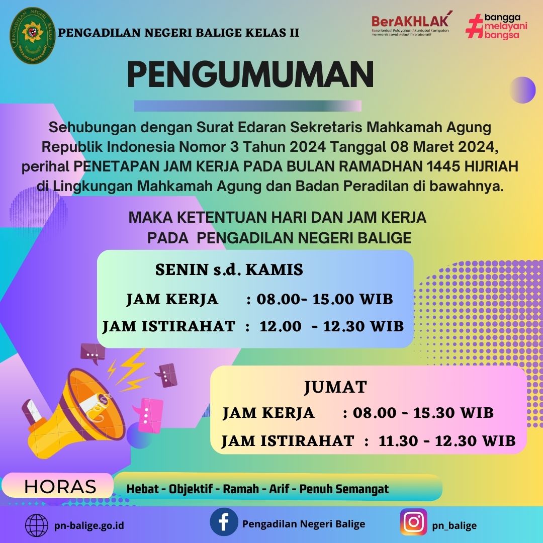 JAM KERJA PADA BULAN RAMADHAN 1445 HIJRIAH PENGADILAN NEGERI BALIGE
